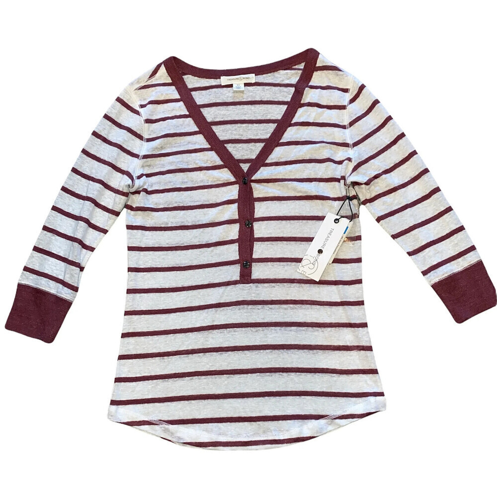 Treasure & Bond Women’s Linen Henley 3/4 Sleeve White Rust Stripe Top Size M
